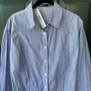NWT INA Cotton Oxford Stripe Shirt M High Low Hem Cufflink Sleeve Classic